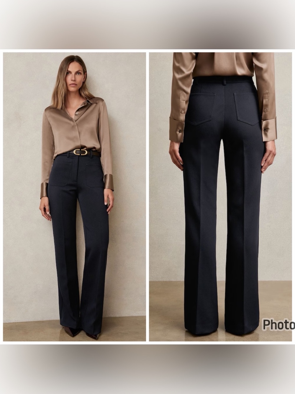 REISS Petite Twill Patch Pocket Flared Trousers Pants Navy Blue Size 8